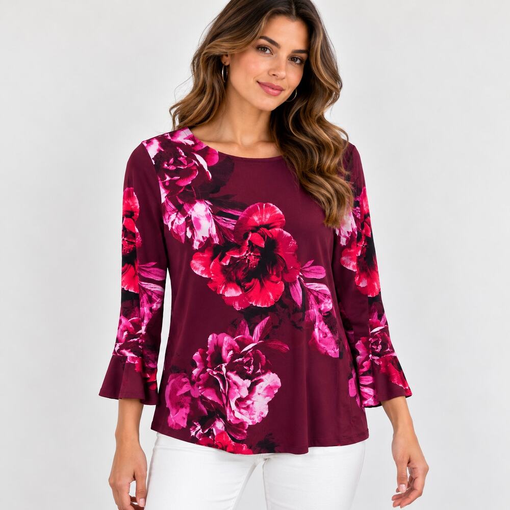 Susan Graver Liquid Knit Blouse Women's Size M Burgundy Floral Office Romantic
